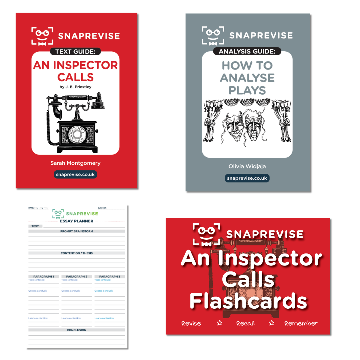 Educational "An Inspector Calls" subject revision bundle by Snaprevise, including analysis, essay planner, and flashcards on red and gray backgrounds.
