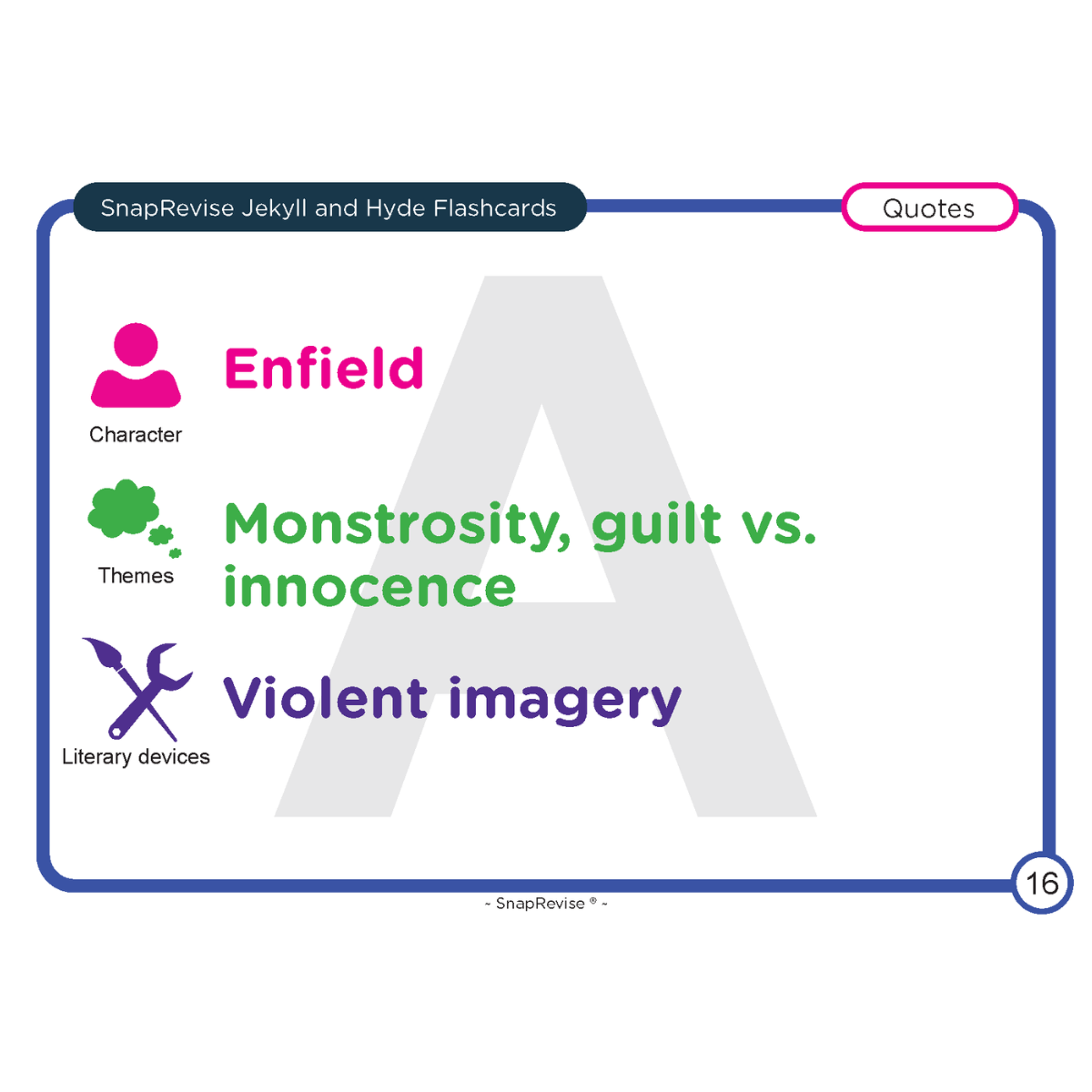 Flashcard with text and graphics by SnapRevise, featuring information about Jekyll and Hyde.