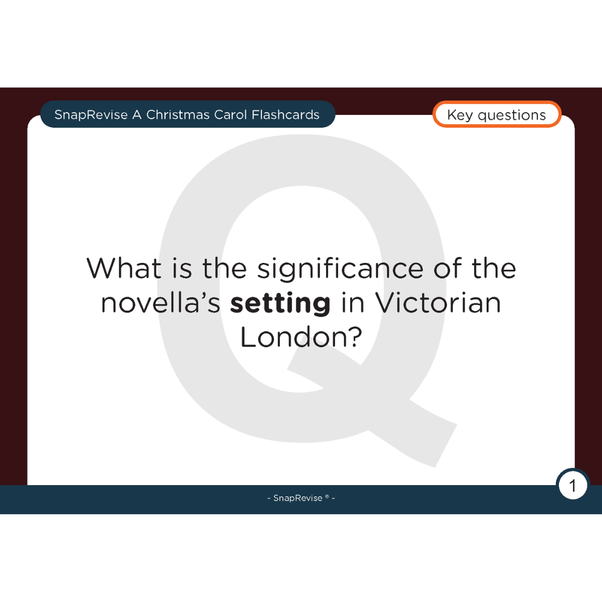 A Christmas Carol flashcard by SnapRevise asking about the novella's setting in Victorian London.