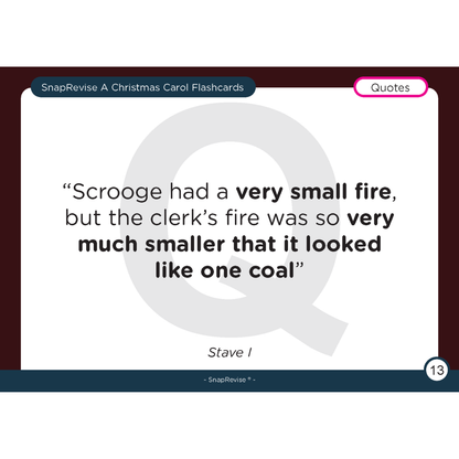 Flashcard with a quote from A Christmas Carol by SnapRevise featuring the text "Scrooge had a very small fire..."