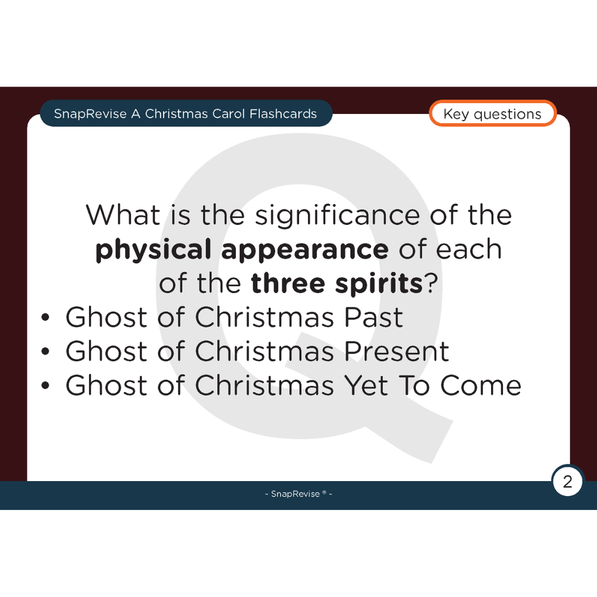 A Christmas Carol flashcard by SnapRevise posing a key question about the three spirits' appearances.