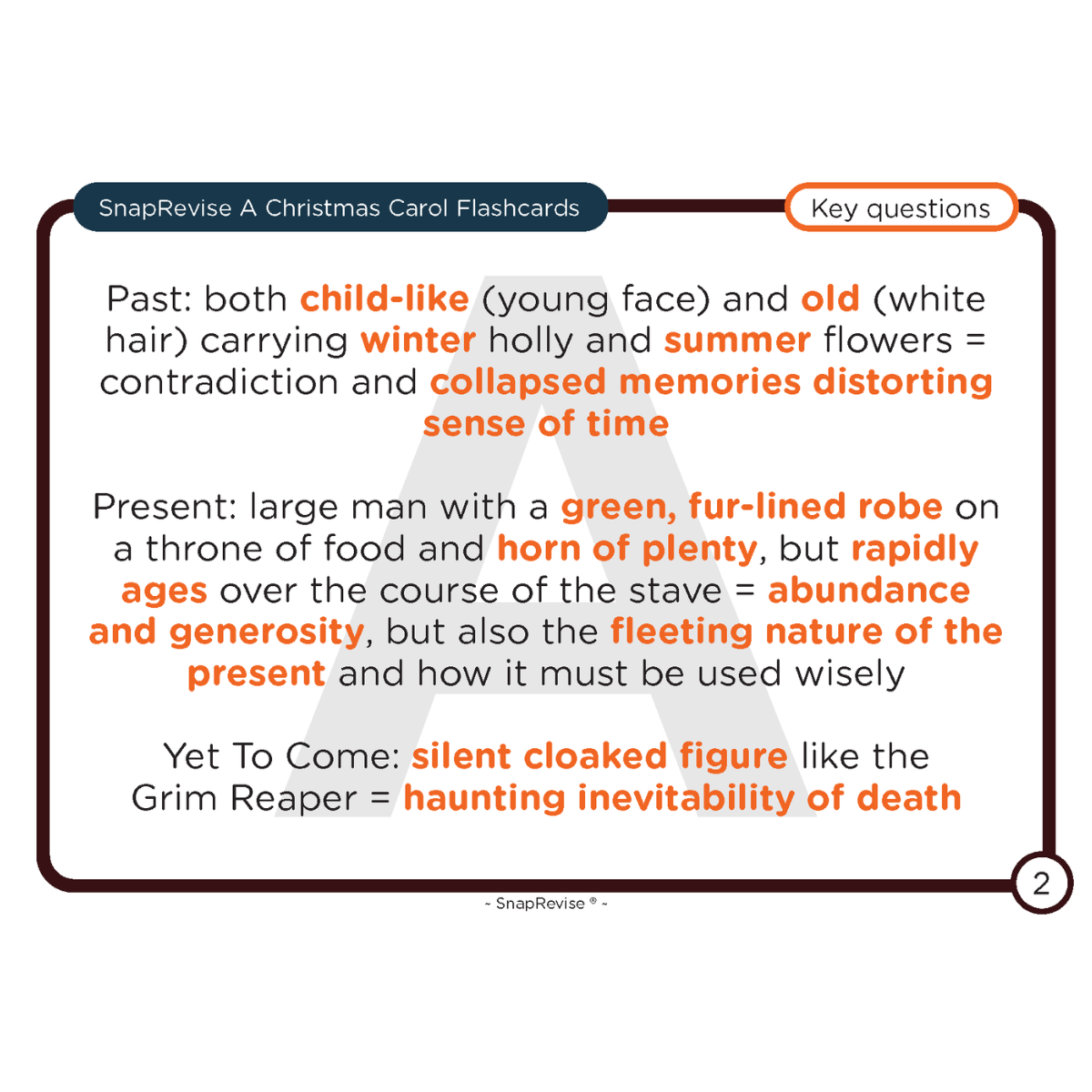 Flashcard with text excerpts by SnapRevise, illustrating key themes from "A Christmas Carol."

