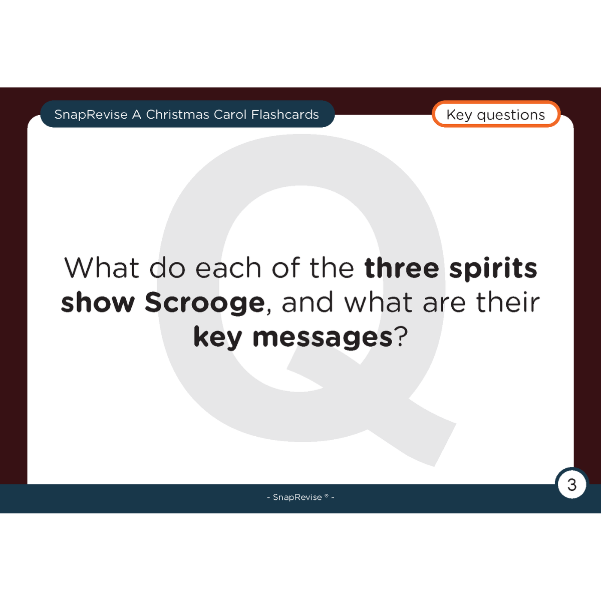 Flashcard for A Christmas Carol by SnapRevise with key questions related to the three spirits.
