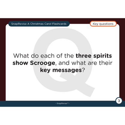 Flashcard for A Christmas Carol by SnapRevise with key questions related to the three spirits.