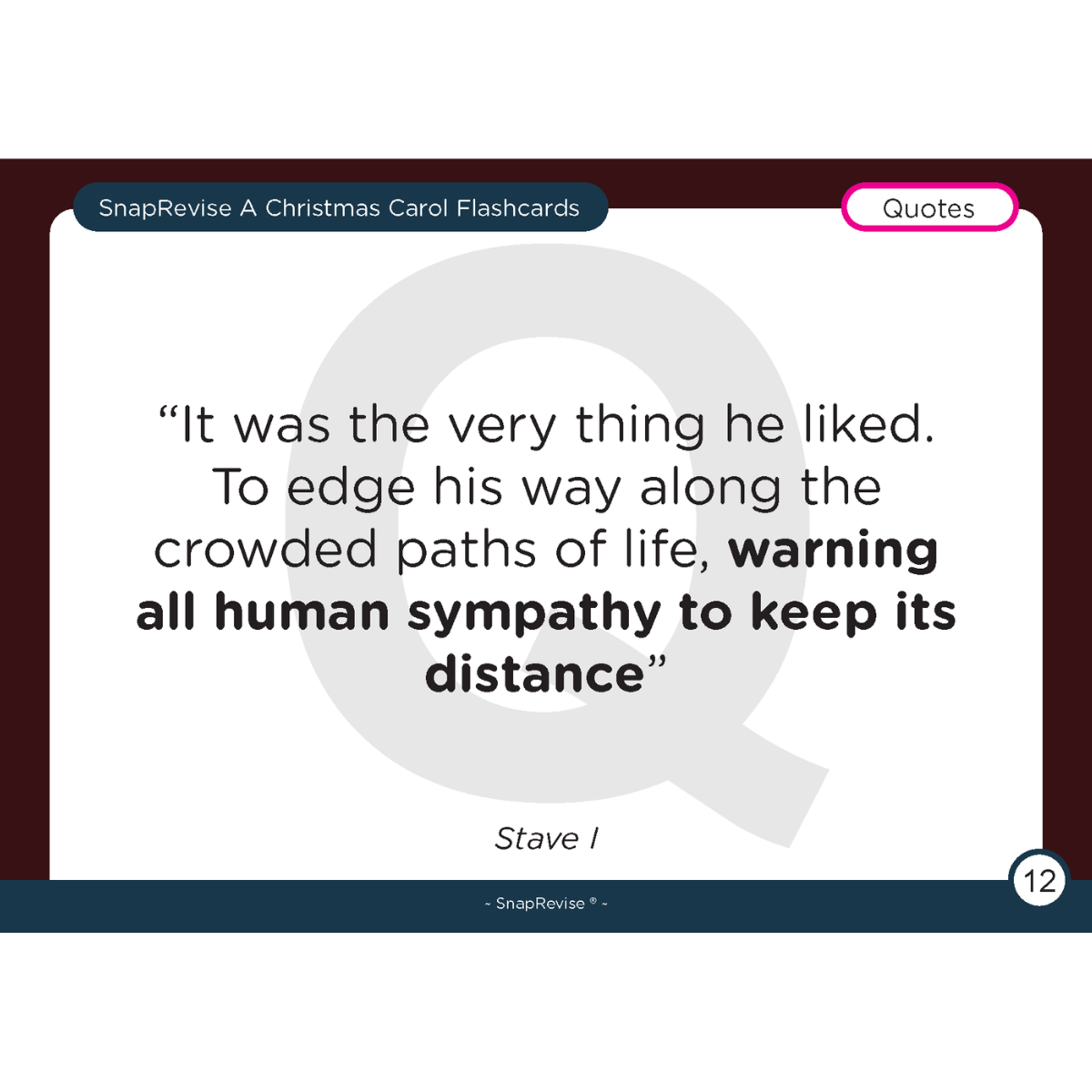 Flashcard with a quote from A Christmas Carol by SnapRevise featuring a passage in bold.

