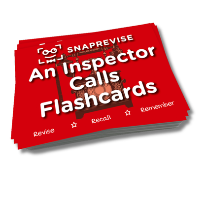 An Inspector Calls flashcards by SnapRevise, in a stack with a vintage telephone graphic and study tip keywords.