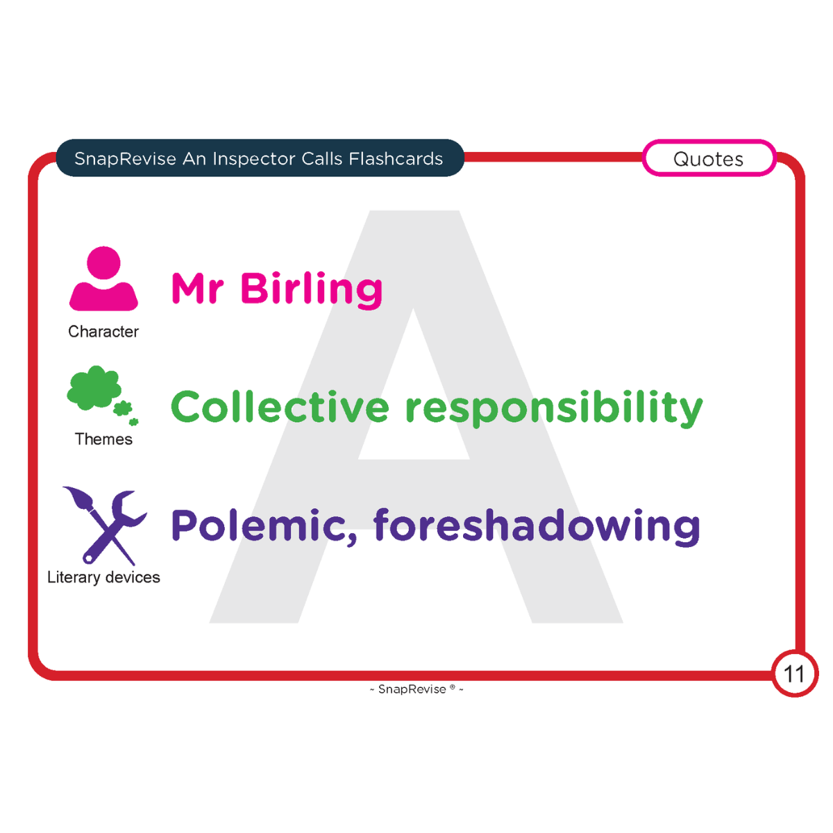 Flashcard for An Inspector Calls by SnapRevise, showing character, themes, and literary devices.
