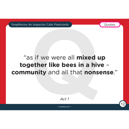 Educational flashcard by SnapRevise featuring a quote from "An Inspector Calls", with red and navy background.
