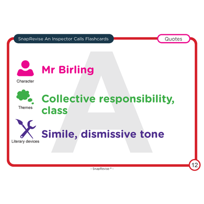 SnapRevise An Inspector Calls Flashcard showing character, themes, and literary devices.