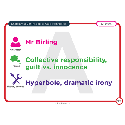Educational flashcard for An Inspector Calls by SnapRevise, featuring character, themes, and literary device information.
