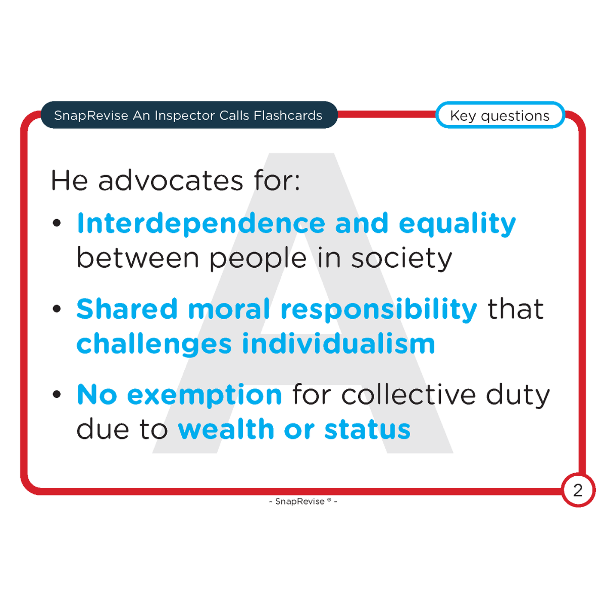 Educational flashcard by SnapRevise, featuring key questions and points for An Inspector Calls.

