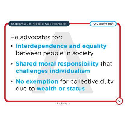 Educational flashcard by SnapRevise, featuring key questions and points for An Inspector Calls.

