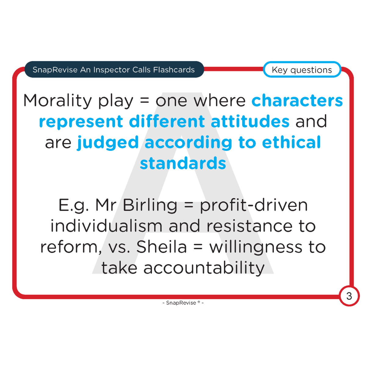 Educational flashcard by SnapRevise showing a definition of a morality play, in a red and white frame.