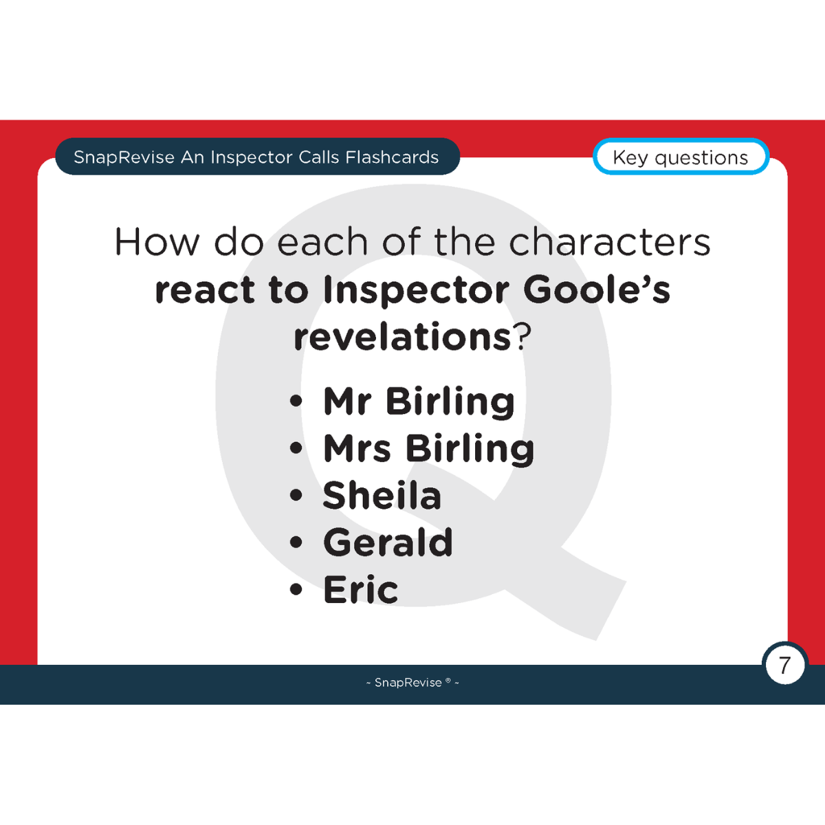 Flashcards by SnapRevise, featuring key questions from An Inspector Calls on a red and blue background.