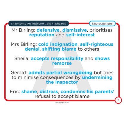 Flashcards by SnapRevise showing character summaries for An Inspector Calls.