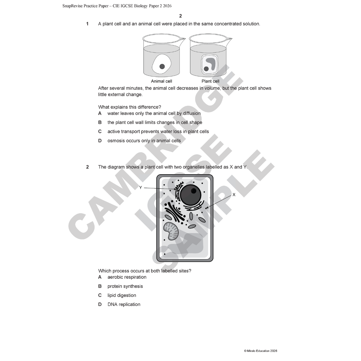 Educational biology practice paper with diagrams and questions on plant and animal cells.