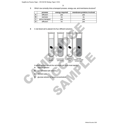 Educational test paper with multiple-choice questions on biology, including a diagram of test tubes with red blood cells.