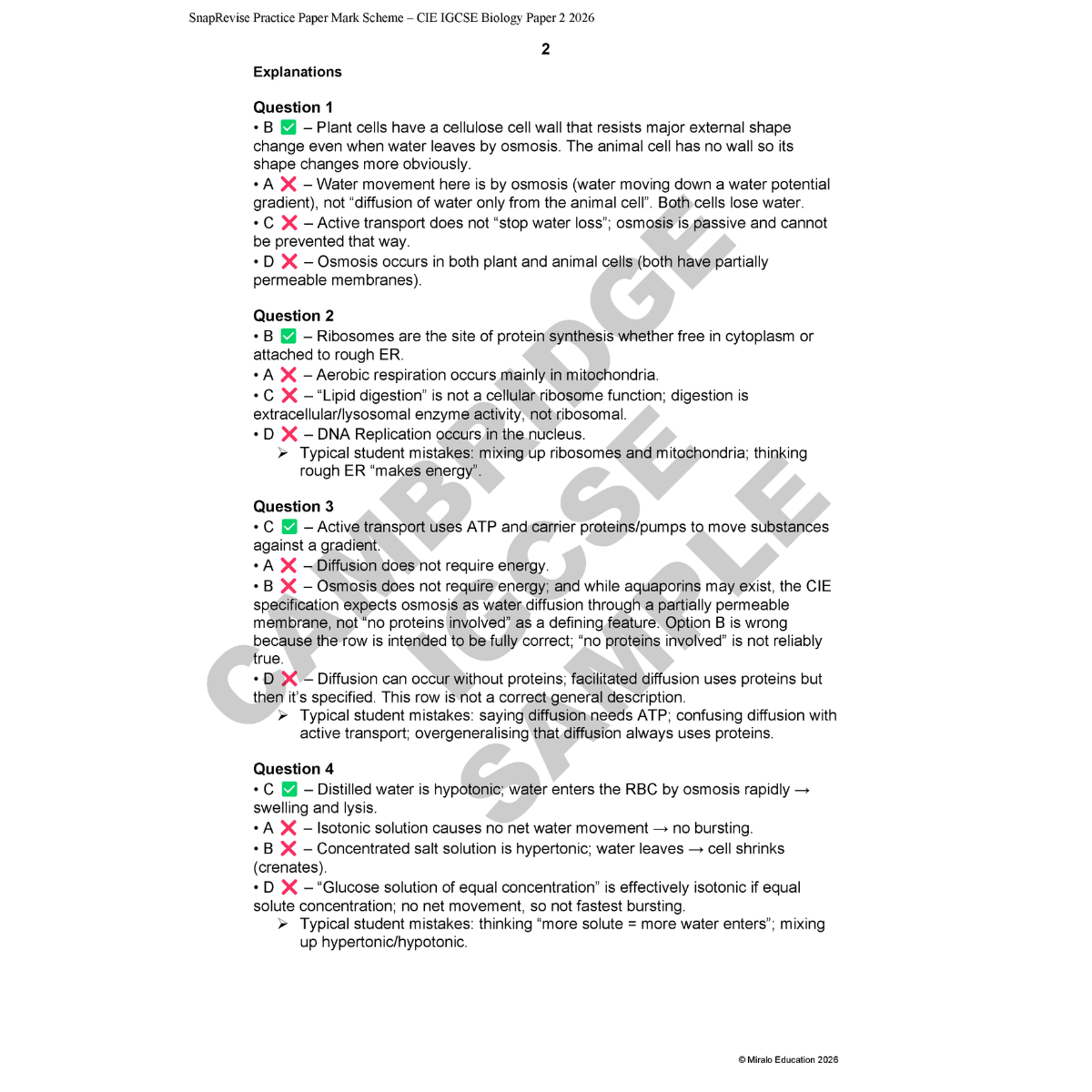 Practice paper with biology questions and answers on a white background