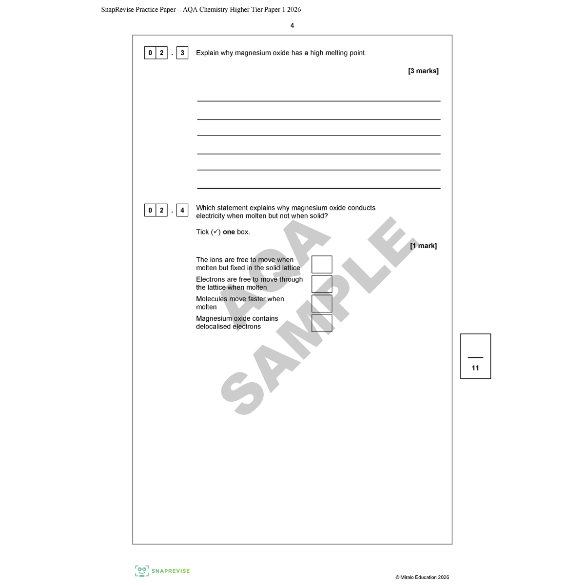 Sample AQA Chemistry Higher Tier Practice Paper with multiple-choice questions and text.