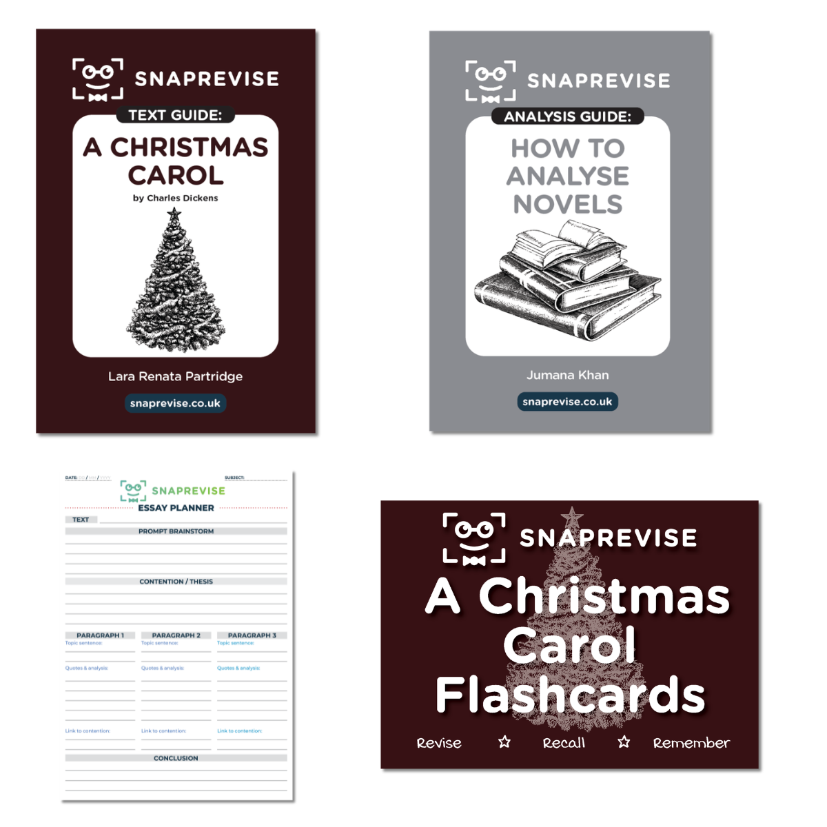 A Christmas Carol revision bundle by Snaprevise, featuring study guides and flashcards for academic success.