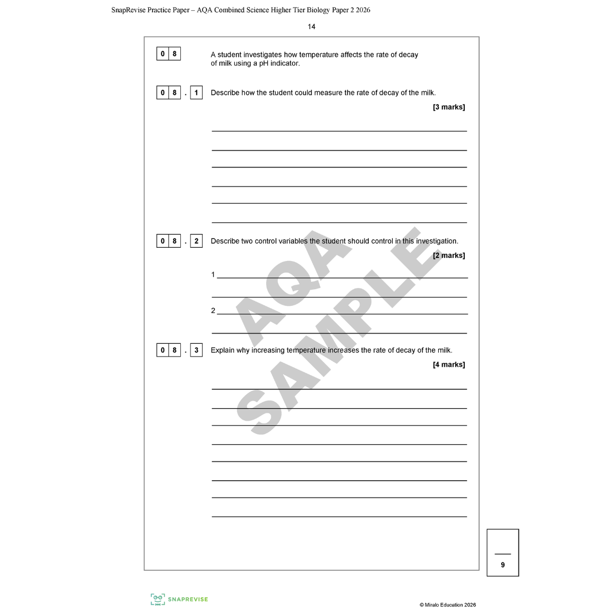 Sample AQA Combined Science Higher Tier Biology exam paper with question text.