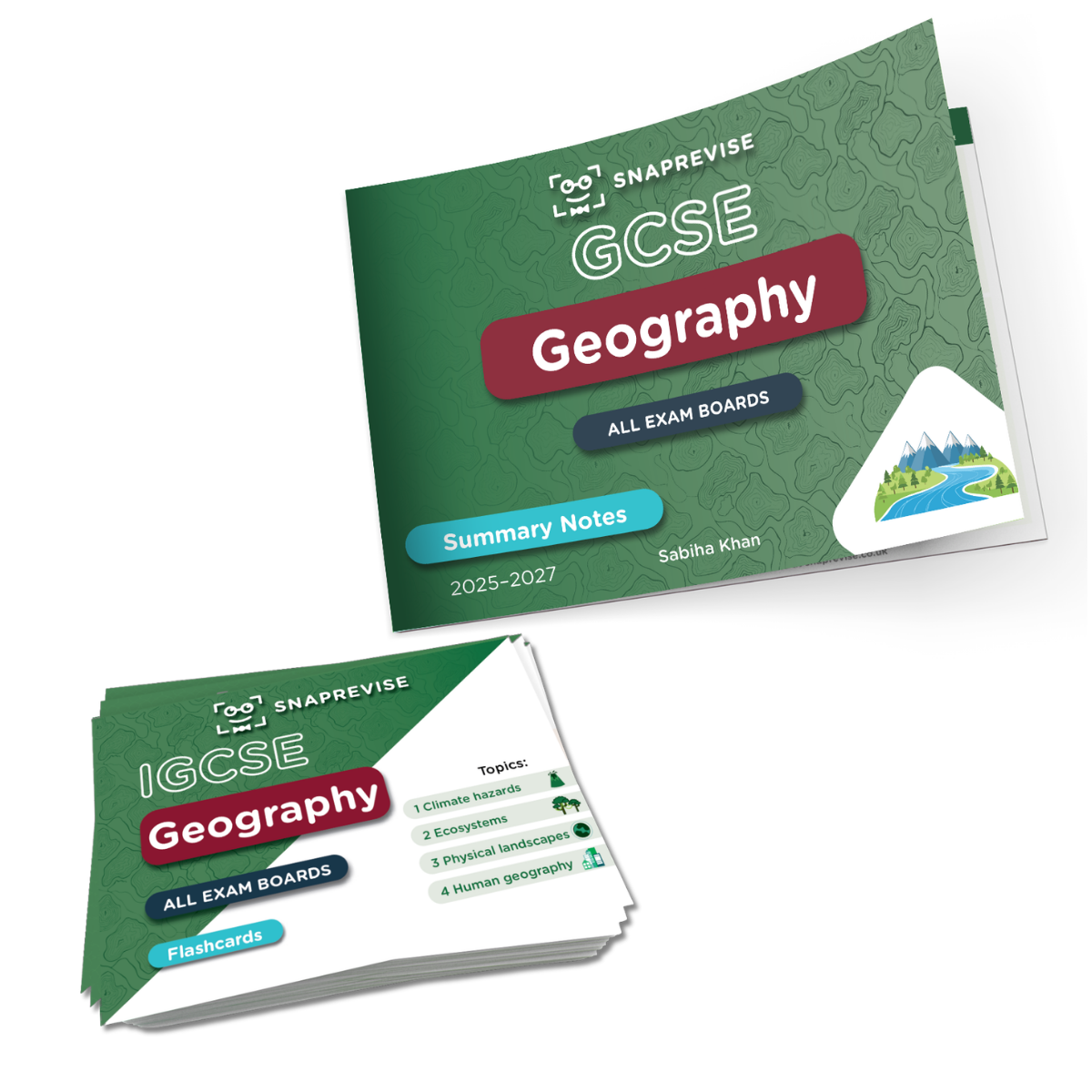 Two green educational study guides and a matching flashcard set for GCSE Geography, shown on a clean white background. The covers display the brand 'Snaprevise' and indicate summary notes and flashcards.