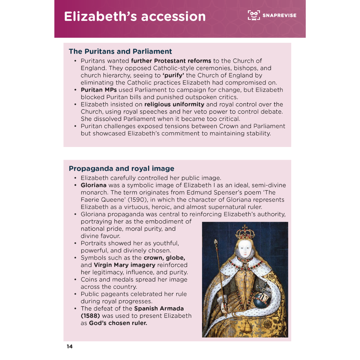 Summary notes of Elizabethan England featuring text snippets about the Puritans, royal image and a portrait of Queen Elizabeth.
