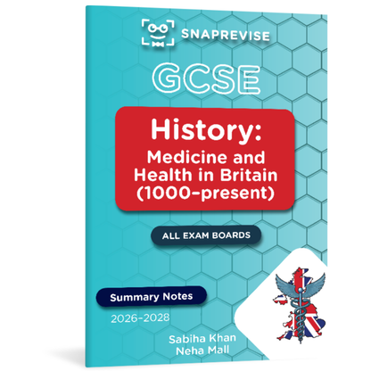GCSE History summary notes: Medicine and Health in Britain with British flag-themed caduceus graphic.