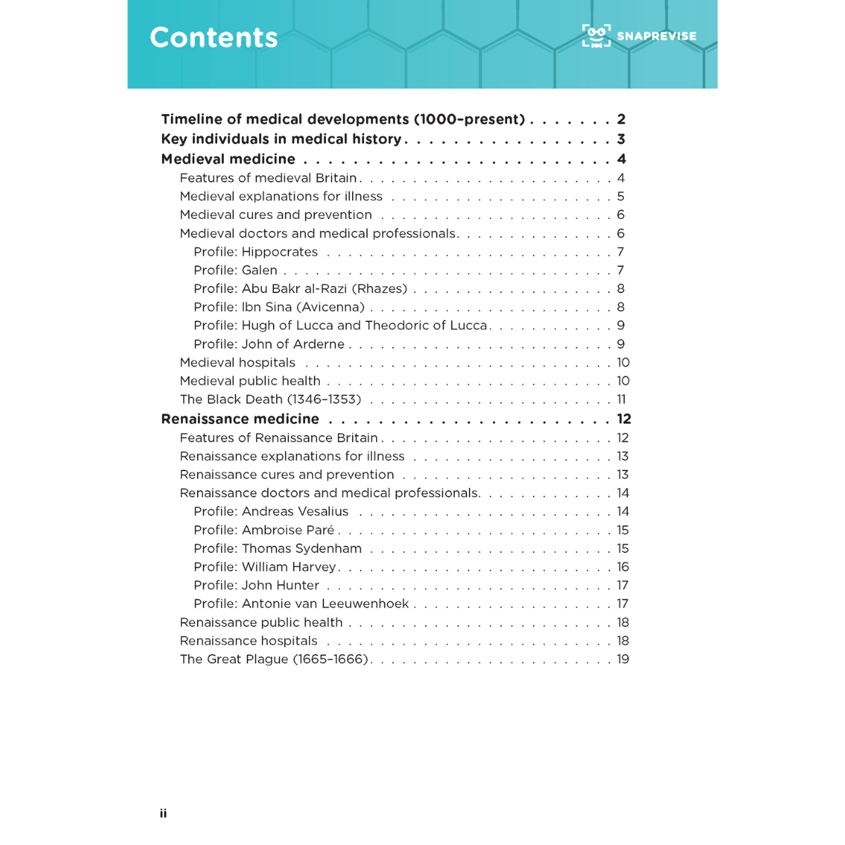 Summary notes on medicine and health in Britain, featuring a table of contents.
