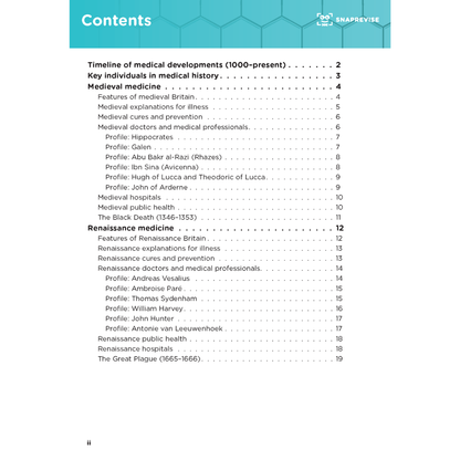Summary notes on medicine and health in Britain, featuring a table of contents.
