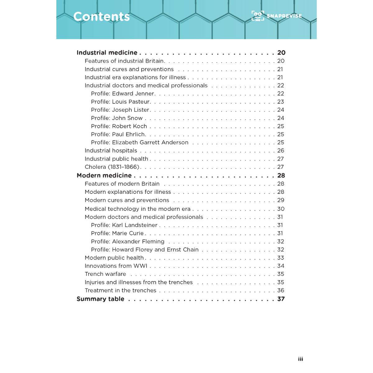 Page of summary notes listing the contents of "Medicine and Health in Britain."
