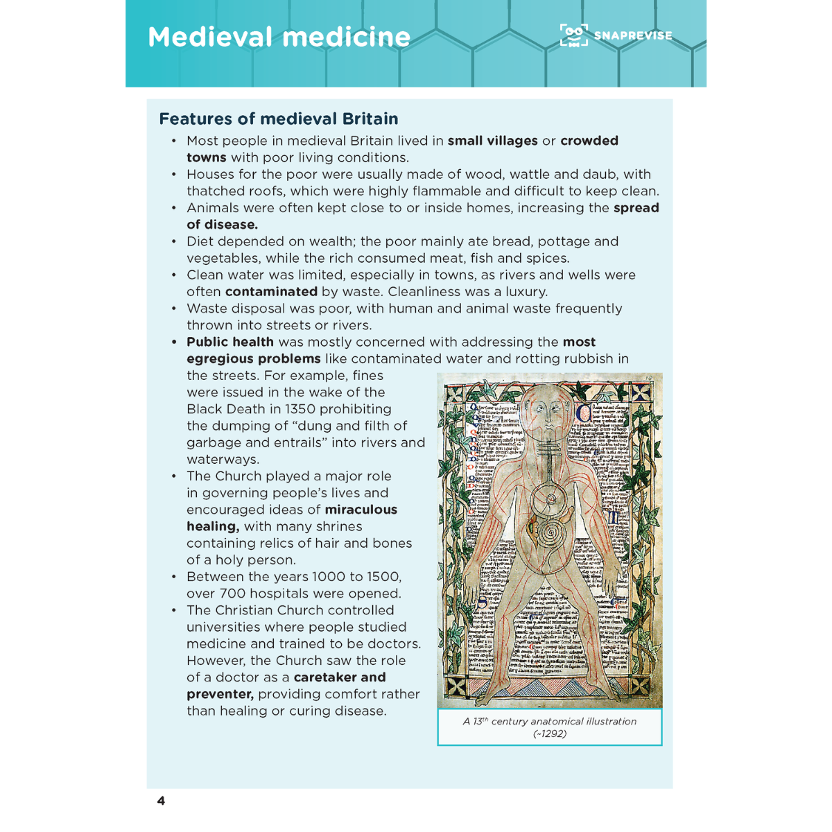 Summary notes of medicine and health in Britain with medieval anatomical illustration.