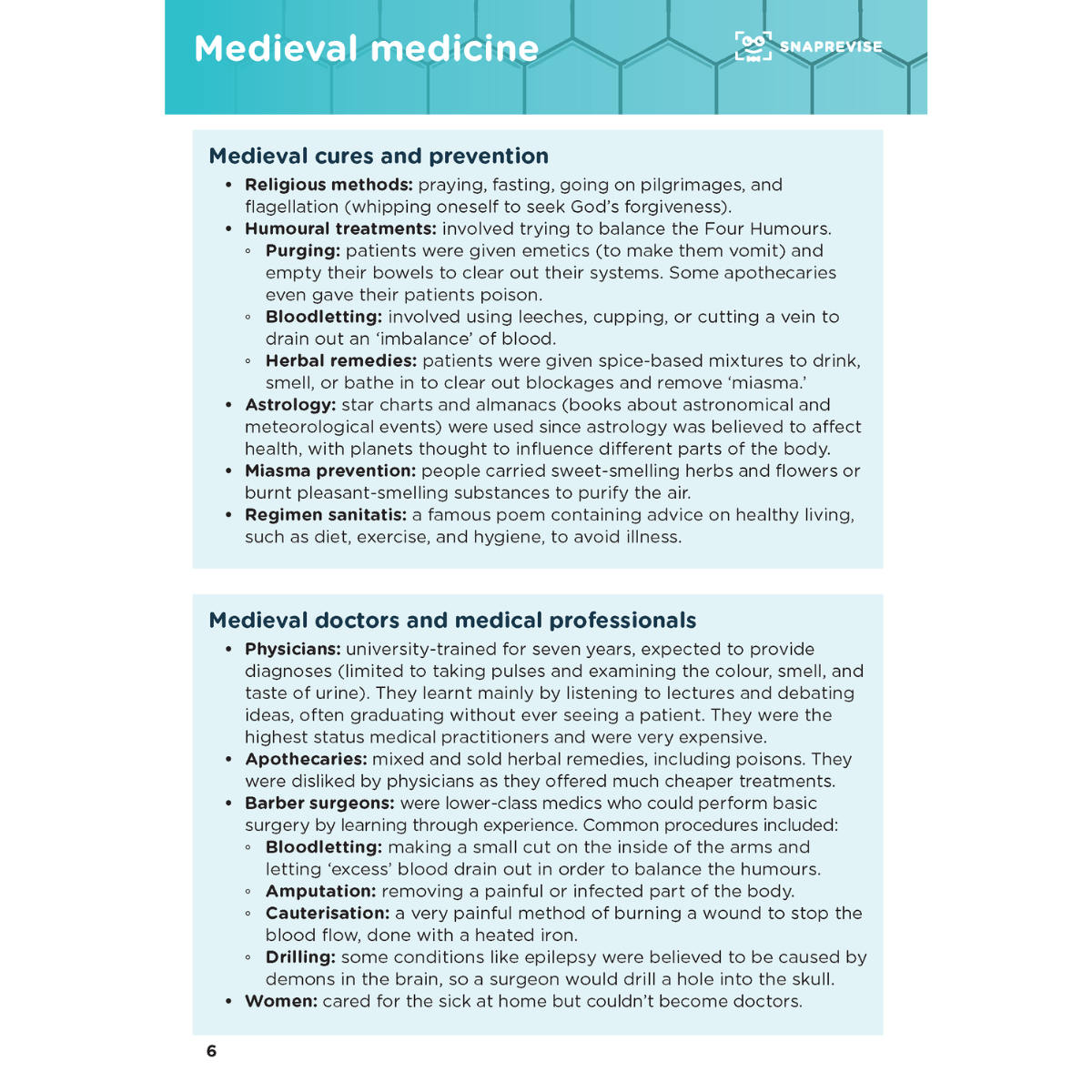 Summary notes on medieval medicine, health in Britain, including cures, prevention, doctors, and medical professionals.

