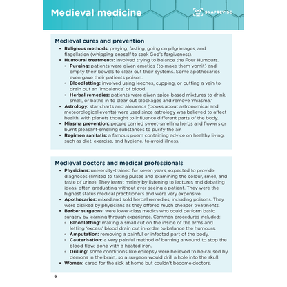 Summary notes on medieval medicine, health in Britain, including cures, prevention, doctors, and medical professionals.
