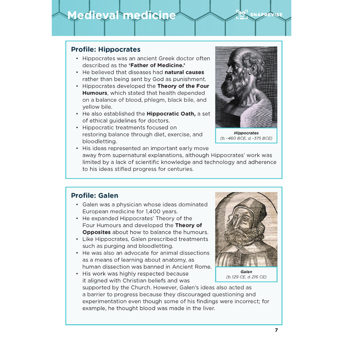 Summary notes by SNAPREVISE detailing medieval medicine, featuring text and portraits of Hippocrates and Galen.
