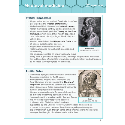 Summary notes by SNAPREVISE detailing medieval medicine, featuring text and portraits of Hippocrates and Galen.
