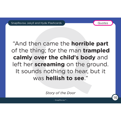 Flashcard showcasing a quote from The Strange Case of Dr Jekyll and Mr Hyde by SnapRevise, with bolded key words.