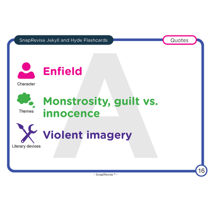 Flashcard with text and graphics by SnapRevise, featuring information about Jekyll and Hyde.
