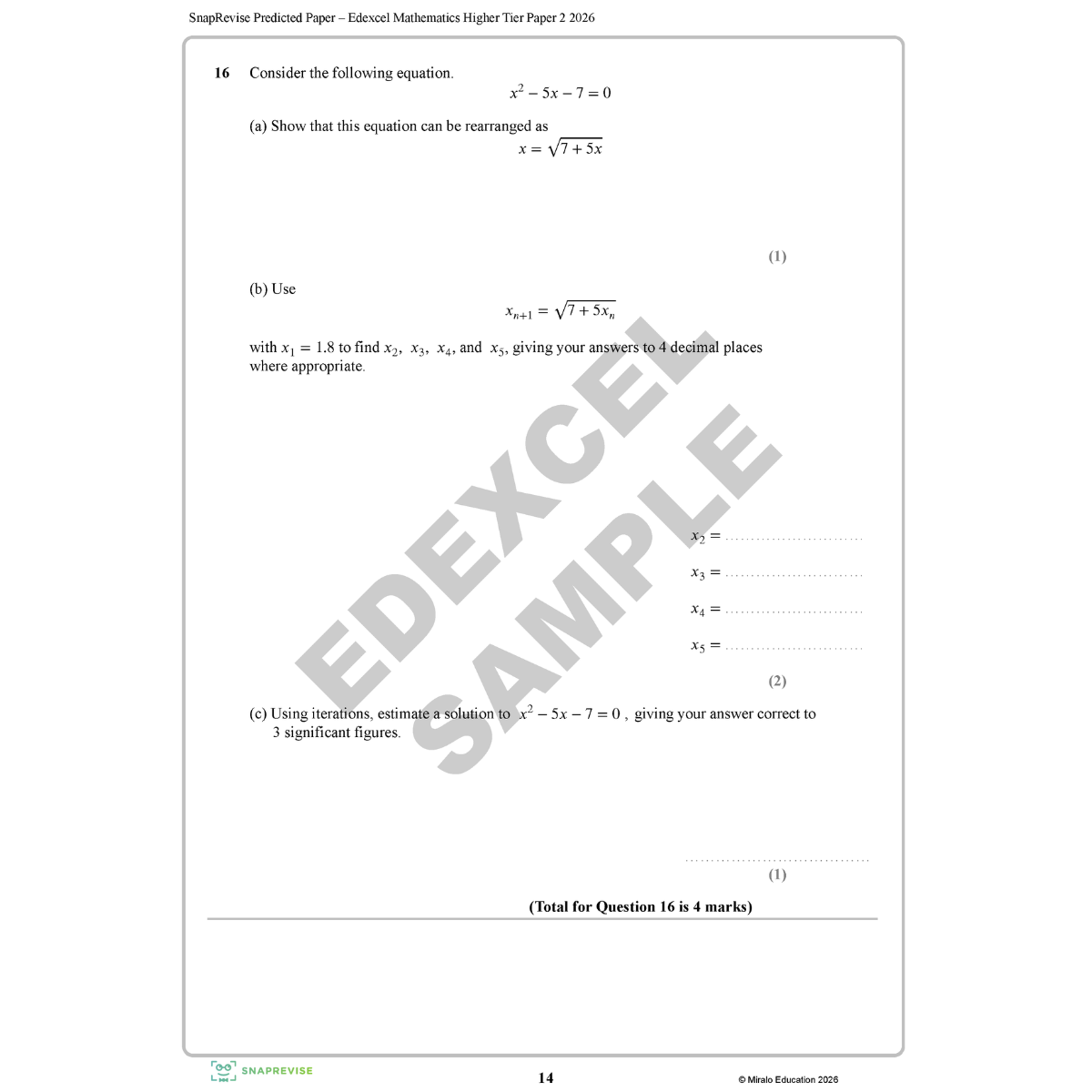 Mathematics question paper with algebraic equations and calculations.