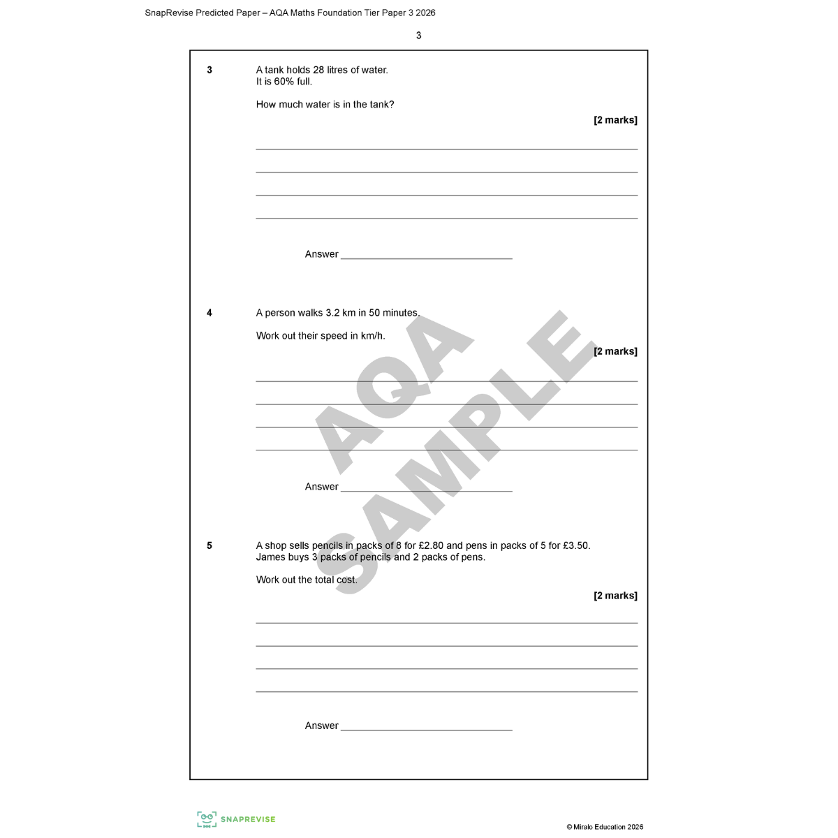 Sample AQA mathematics test paper with questions and answer sections.