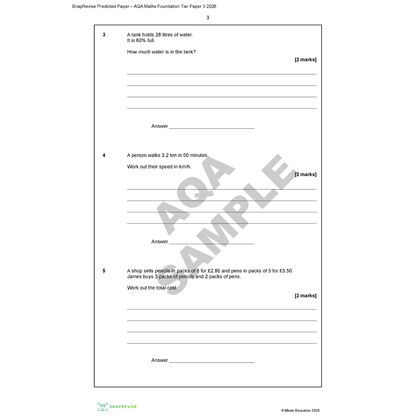 Sample AQA mathematics test paper with questions and answer sections.