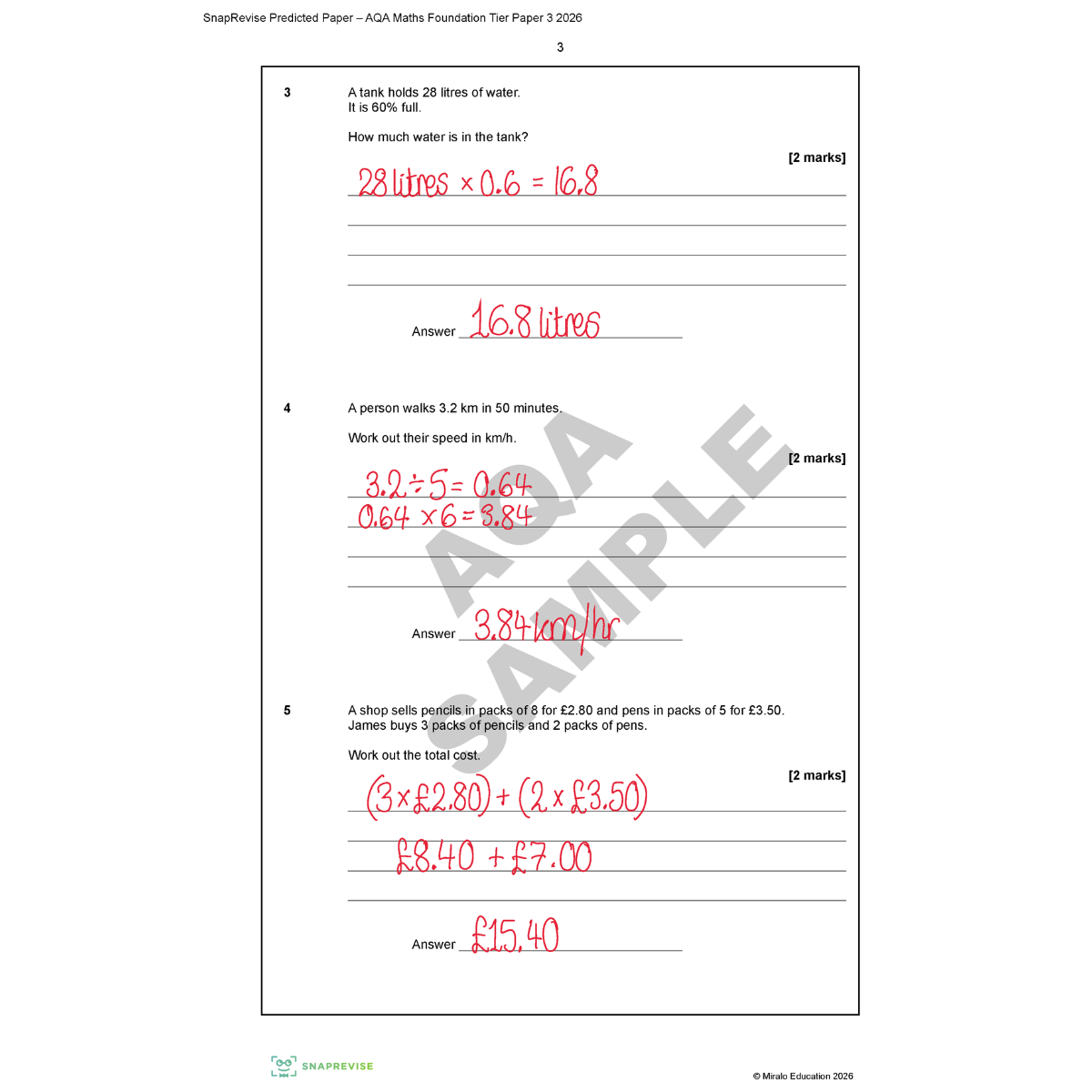 Mathematics exercise sheet with calculations and answers on a white background