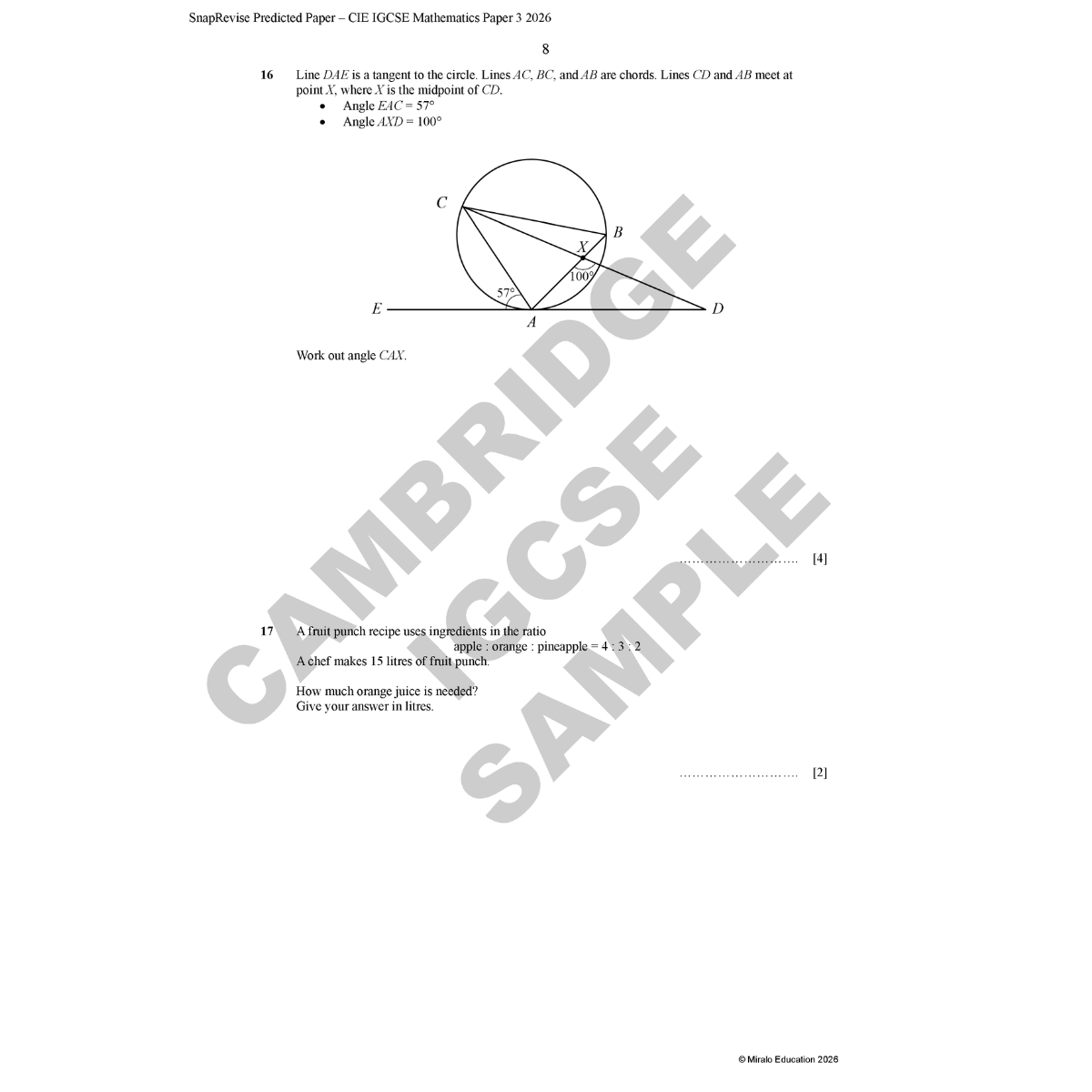 Mathematics question paper with geometric diagram and Cambridge IGCSE branding.