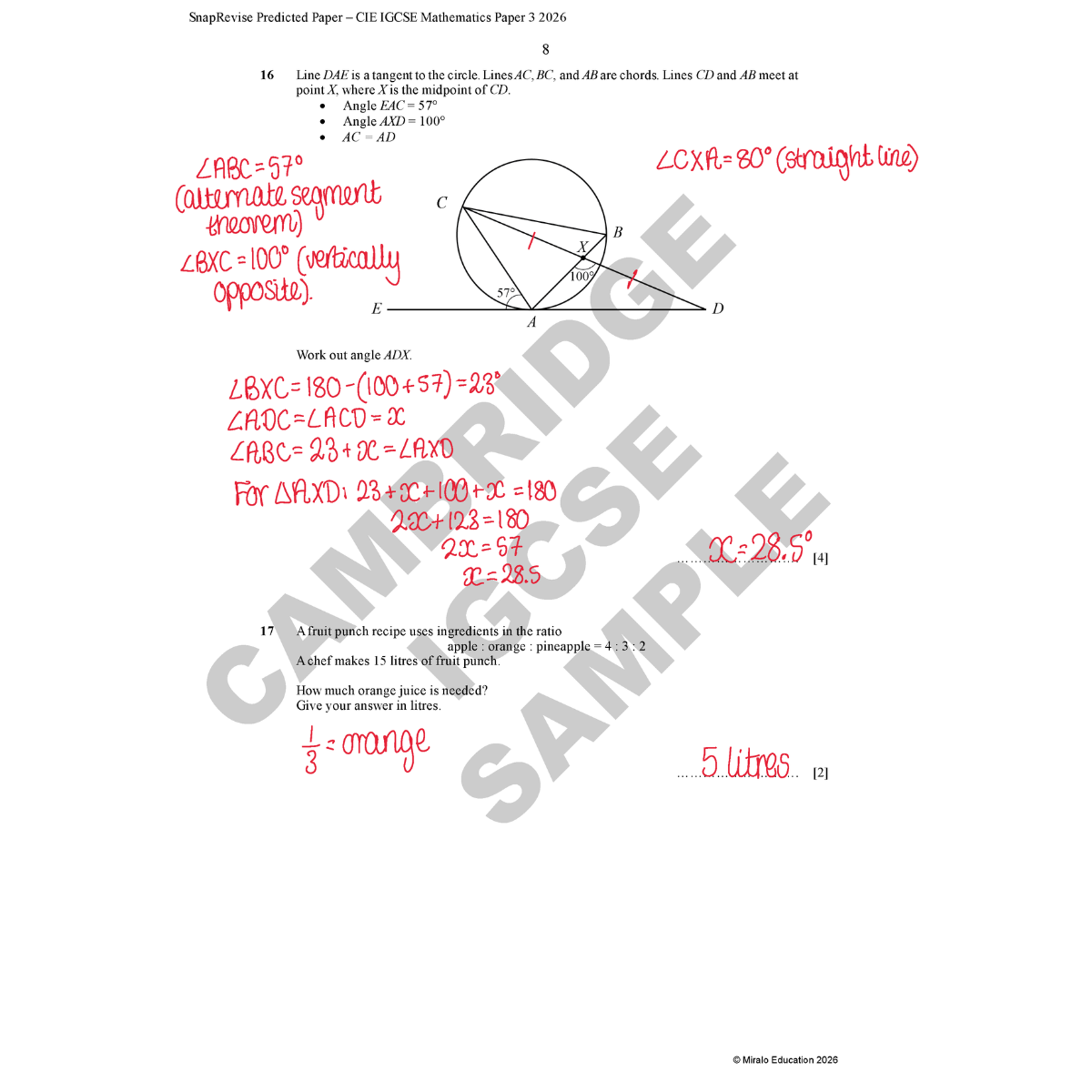 Mathematics paper with geometric problems and calculations on a white background