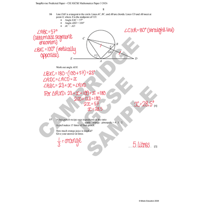 Mathematics paper with geometric problems and calculations on a white background