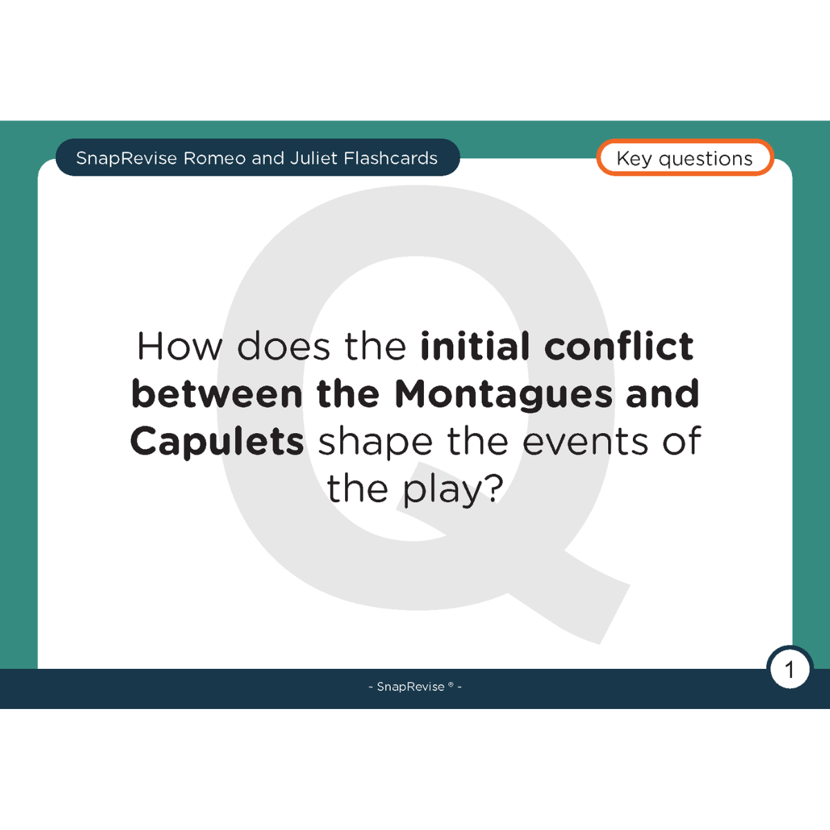 Flashcards by SnapRevise, featuring a key question about the initial conflict between the Montagues and Capulets.