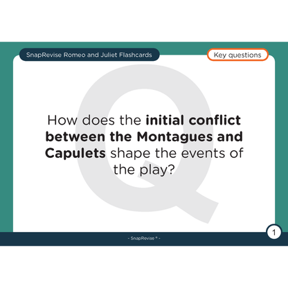 Flashcards by SnapRevise, featuring a key question about the initial conflict between the Montagues and Capulets.