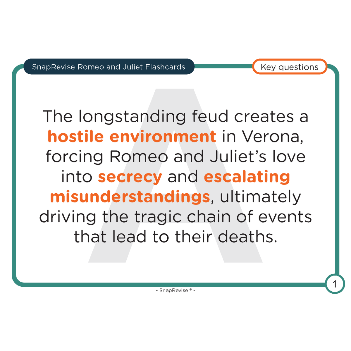 Romeo and Juliet flashcard by SnapRevise with a text excerpt on a teal and white backdrop.