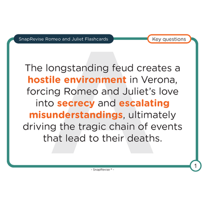 Romeo and Juliet flashcard by SnapRevise with a text excerpt on a teal and white backdrop.