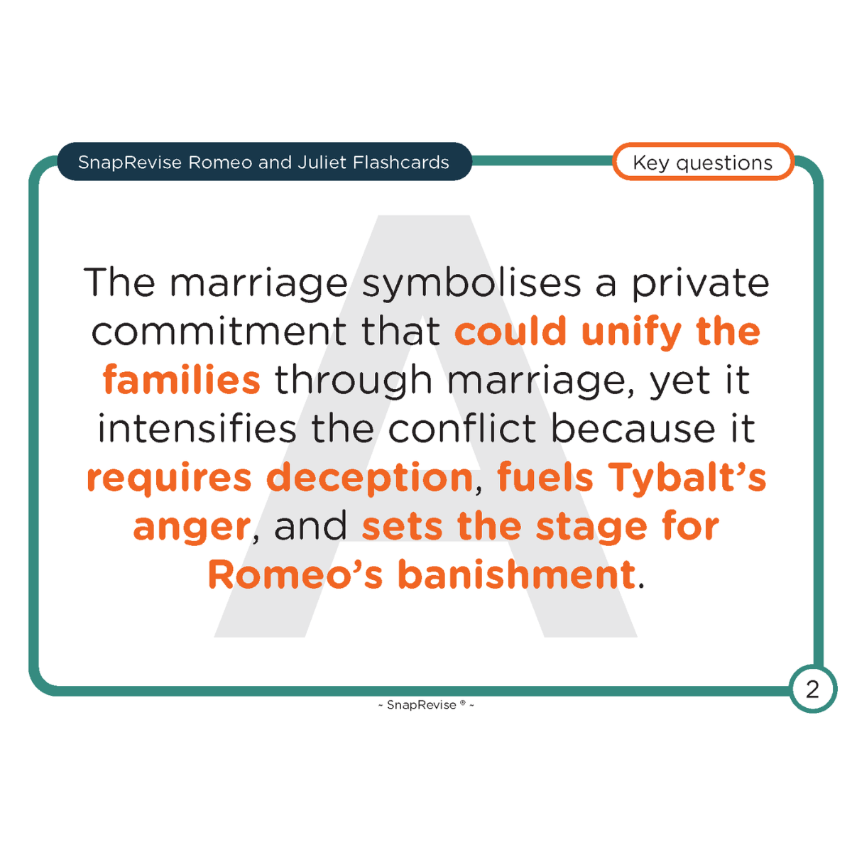 Flashcard about Romeo and Juliet by SnapRevise, featuring key questions and main plot point analysis.